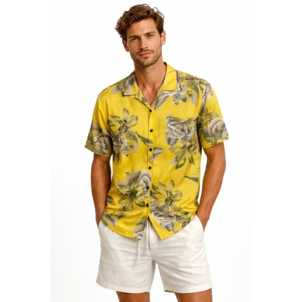 Tommy Bahama Washable Silk Tropical Button Down Shirt Yellow Mens Size S‎